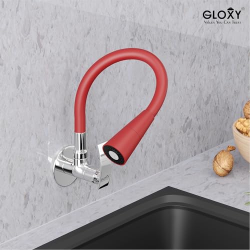 Image of Gloxy Wall Mount Faucet for Kitchen Sink with Chrome Finished Touch Lever - 20-Inch Red Silicone Flexible Leak Proof Spout & Splash Free Dual Flow Nozzle