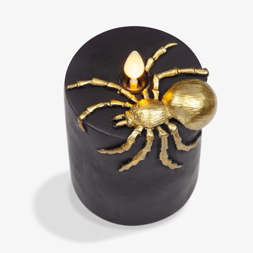 Image of Luminara Spider Flameless LED Candle, Black & Gold 3 inch x 4.5 inch, Moving Flame Pillar, Battery Operated Timer Real Wax Halloween Gothic Home Decor