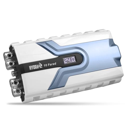 Pyle 10 Farad Digital Power Capacitor, High-Performance Car Audio Accessory with Blue Digital Display Voltage Readout and LED Flash, Over Voltage Protection, Mounting Hardware, DC 12-24V