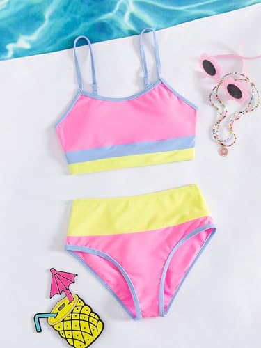 Image of Verdusa Girl's 2 Piece Colorblock High Waisted Bikini Sets Swimsuit Swimwear Bathing Suits