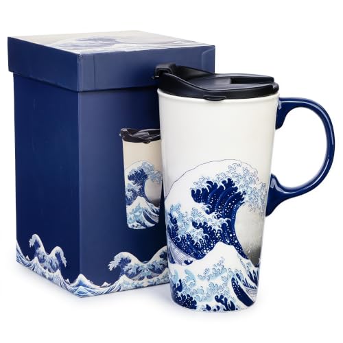 Topadorn 17oz Ceramic Travel Mug with Lid, Hokusai...