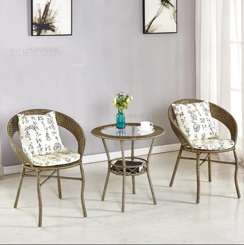 Image of 2+1 Outdoor Indoor Furniture Sets Rattan Wicker Chair Patio Set Bistro Set Conversation Set Balcony Outdoor Garden Furniture Chair (Golden with Multicolor Cushion & Pillow)