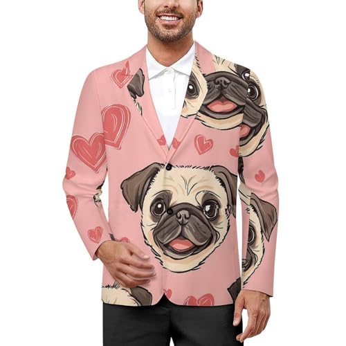 Pug Dogs Head and Love Heart Classic Suits Blazer for Men Business Tuxedo Jacket Sport Coat Two Buttons