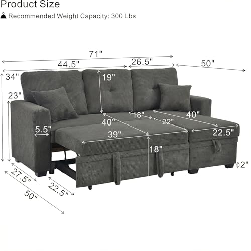 Image of KEIKI 71 inch Sectional Sleeper L Shaped Sofa with Pull Out Bed, 3 Seater Sleeper Sofa with Reversible Chaise, Modular Sectional Sofa with Storage for Living Room, Dark Gray