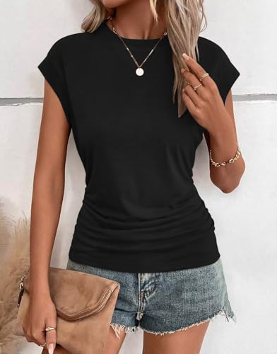2Pack Womens Fall Cap Sleeve Tops Business Casual Crewneck Ruched T Shirts Trendy Outfits Beach Vacation Clothes3