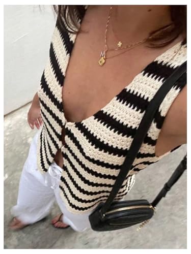 GORGLITTER Women's Striped Crochet Sweater Vest Split Button Down Colorblock Sleeveless Knit Tank Top4