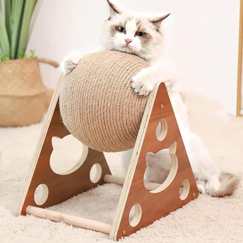 猫エクササイズホイール 木製爪とぎ キャットタワー サイザル麻紐巻き 家具保護 運動不足解消 おしゃれ 据え置き型 (中,a)
