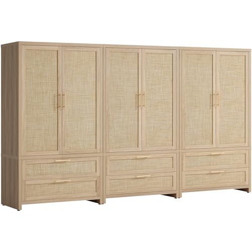Image of SICOTAS Armoire Wardrobe Closet, Larger Rattan Wardrobe Storage Cabinet with 2 Drawers & Hanging Rod, Boho Large-Capacity Deep Clothes Organizer for Cloakroom, Bedroom, Light Oak (3 PCS)