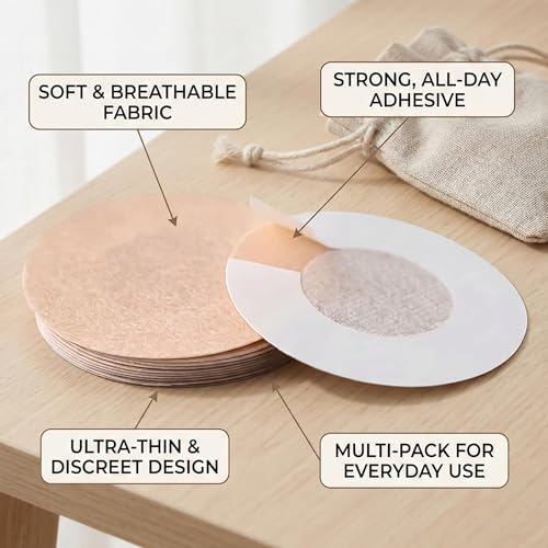 PMELCXD 30 Paires de Coussins de Mamelons Jetables – Discrets et Confortables, Autocollants Satinés pour Femmes, Protection de Mamelons (Beige Satiné, Rond) – vue 6