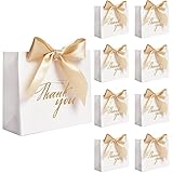 DECHISY 24Pack Small Thank You Party Favor Bags Treat Boxes with Gold Bow Ribbon, White Paper Gift Bags Bulk for Wedding Baby Shower Business Supplies