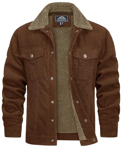 TACVASEN Veste se Camionneur pour Homme Veste Cargo Décontractée Veste en Velours Côtelé Vestes D'Hiver Marron,XXL