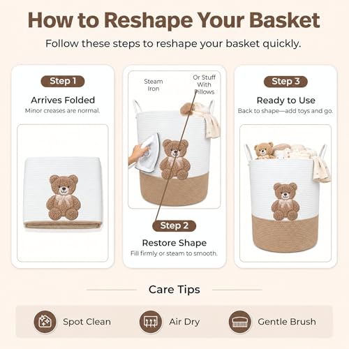 Image of Teddy Bear Baby Laundry Basket, Tall Woven Rope Nursery Hamper, 20x15 in