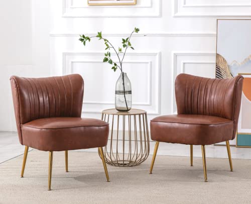 CIMOTA Faux Leather Accent Chairs Set of 2 Modern Armless Slipper Chair Wingback Single Sofa Side Chair Comfy Corner Chair with Golden Legs for Living Room Bedroom, Vintage Brown