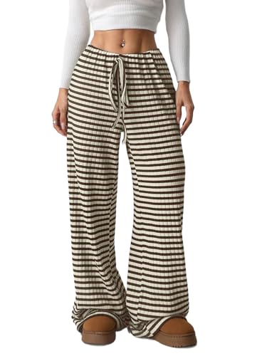 Image of Women's Casual Checkered Pants Drawstring Elastic Waist Comfy Loose Straight Wide Leg Plaid Pants with Pockets