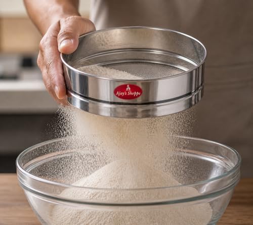 Image of Ajay's Shoppe 19 CM Stainless Steel Atta Chalni | Fine Mesh Flour Sieve | 5 CM Deep Flour Strainer for Wheat, Maida & Besan