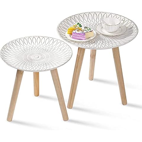 JUJOYBD Beistelltische 2er Set - Runde Couchtische Holz Kleine Tische - Runder Dreibeiner Sofatisch Set - Satztische fürs Wohnzimmer Schlafzimmer Balkon - Shabby weiß - 35cm/40cm Cover