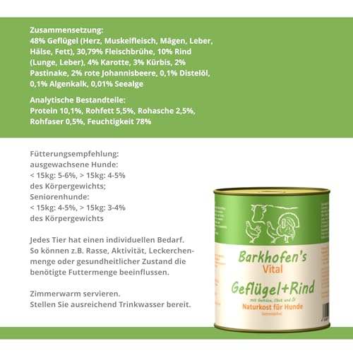 Barkhofen Tiernahrung Nassfutter für Ihren Hund 6X 800g – Hundefutter nass & getreidefrei mit Geflügel & Rind – Hunde Futter in Dosen ohne Getreide