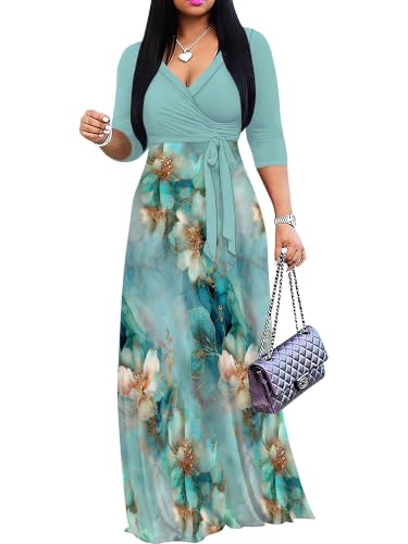 Image of Plus Size Maxi Dress for Women V Neck 3 /4 Sleeve Wrap Dresses
