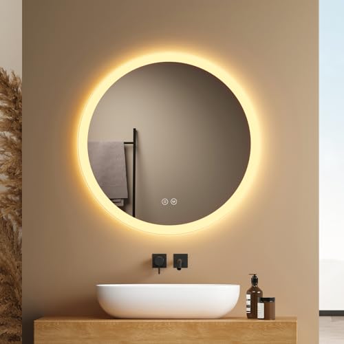 EMKE Badspiegel mit Beleuchtung Rund 50cm, Badezimmerspiegel mit dimmbarer Beleuchtung, 3 Lichtfarben, Antibeschlag, Touch-Schalter und Speicherfunktion, ideal für das Badezimmer 1