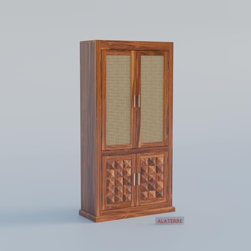 Image of Solid Wood Storage Cabinet with Cane Doors & Carved Panels | Modern Wooden Wardrobe Organizer for Living Room, Bedroom & Dining Room (Natural Finish)