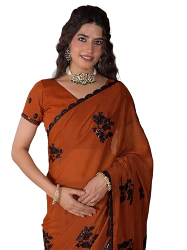 Image of Satrani Women's Shimmer Georgette Sequins Embroidery Saree with Unstitched Blouse Piece