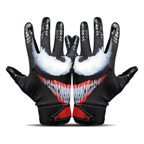 Taqcha Villain Football Gloves - Tacky Grip Skin Tight Adult Football Gloves - Enhanced Performance Football Gloves Men - Pro Elite Super Sticky Receiver Football Gloves - Adult Sizes (Medium)