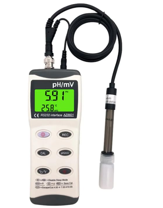 VIHELM AZ8601 pH/mV meter with probe connected, displaying 5.91 pH and 25.8 degrees Celsius