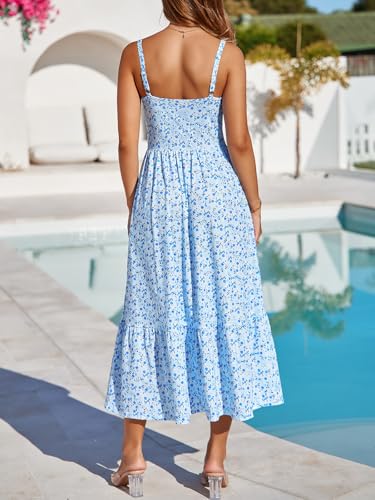 Image of Women's Casual Beach Vacation Dress with Pockets Flowy Aline Tiered Spaghetti Strap Lace Up Corset Midi Sundress for Summer