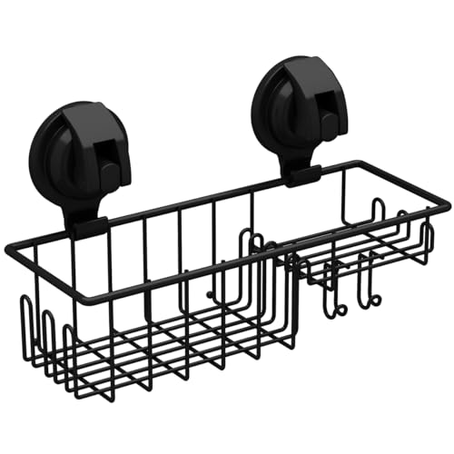 TESOT Suction Cup Shower Shelf, Shower Caddy Soap Dish with Hooks for Sponge, Rust Proof 304 Stainless Steel, Black