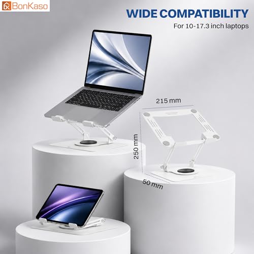 Image of BonKaso 360 Rotating Metal Laptop Stand, Height & Angle Adjustable, Foldable Design, Carbon Steel Build, Ventilated Cooling, Supports Up to 5kg, Compatible with Laptops & MacBook (Up to 17.3 inch) |White