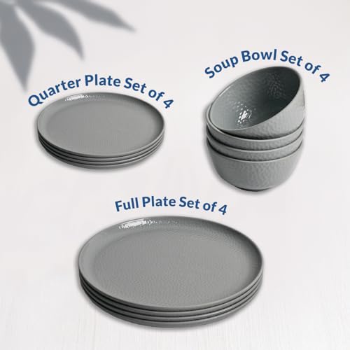 Image of Market99 Heavy-Duty Grey Hammered Melamine Dinner Set - 12 Pieces | Includes 4 Dinner Plates, 4 Side Plates & 4 Soup Bowls | Matte Finish Tableware for Daily Meals, Kitchen & Modern Dining Setup