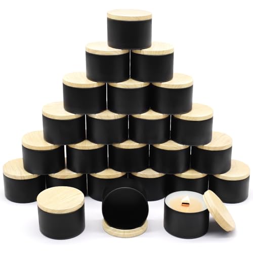 YJHSS Candle Tins 8oz, 24-Pack Metal Candle Jars with Metal Wood-Grain Printing Lids for Making Candles, Bulk Empty Candle Containers for Small Business - Black