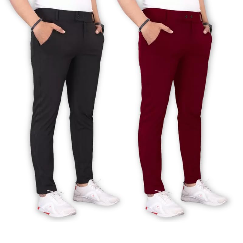 Image of Men's Stylish Slim Fit Lycra Blend Trousers - Pack of 2 (Combo) Formal Pants for Men | Stretchable Regular Office Formal Wear | Comfortable Solid Casual, Business, and Work Trousers for Men
