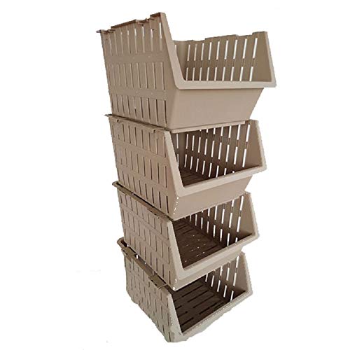Cestas apilables de plástico Caja de Apilamiento Grandes Almacenamiento Fruta Vegetales Set 4 Unidades (Crema)