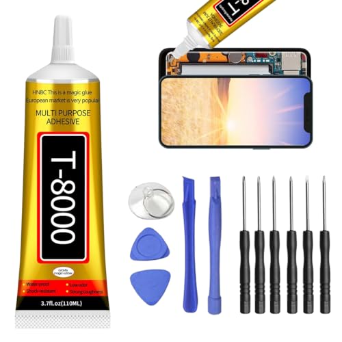 Colle écran smartphone T8000 (110 ml), Colle téléphone avec embout aiguille très fin pour dosage précis, Adhésif transparent idéal réparation tablette, vitre et...