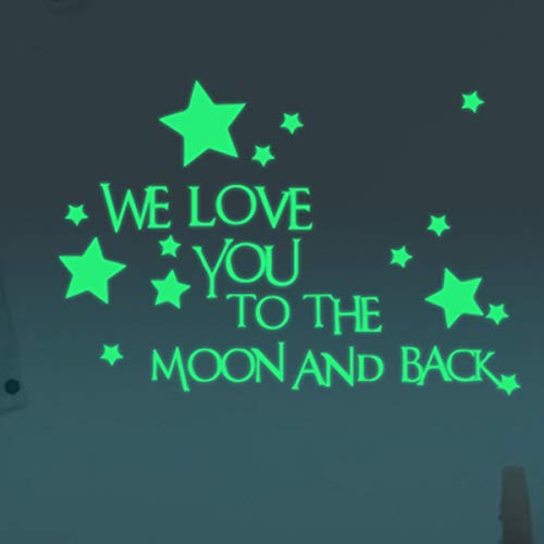 Homics Nursery Wall Decals Luminous Words Sticker At Night - WE LOVE YOU TO THE MOON AND BACK - Words Glow In The Dark with Stars Around