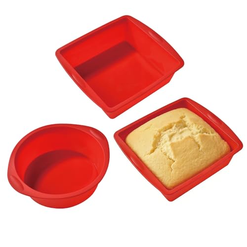 DXPETA 3 Pcs Silicone Baking Trays Non-Stick Square and Round Silicone Baking Moulds Flexible Brownie Tray for Home Baking Multipurpose Kitchen Storage Solution (Red)