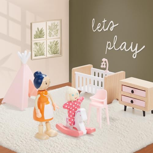 Giant Bean GA20025 36Pcs Wooden Dollhouse Furniture Set With 4 Family Dolls, 5 Rooms Wood And Plastic Pink Dollhouse Accessories Pretend Play Furniture Toys For Boys Girls & Toddlers 3Y+ thumb #4