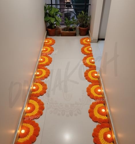 Image of Divyakosh Decorative LED Floor Rangoli Set, Orange and Yellow Design, 6 Pieces with Led Tea Lights, Traditional Diwali Decor