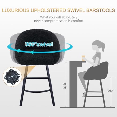 Image of Zesthouse Swivel Counter Height Stools Set of 2, Modern Bar Stools for Kitchen Island, 26'' Black Sherpa Kitchen Counter Height Chairs with Barrel Arms & Backs, Upholstered Fabric Bar Chairs