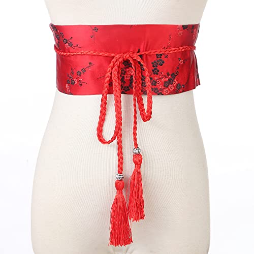FAD-4U Womens Kimono Obi Belt Japanese Style Embroidered Wide Waistband Girdle with Tassel Yukata Robe Accessories2