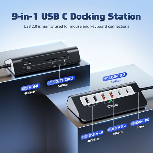 Image of intpw USB C Hub, P9 PRO USB C Hub Multiport Adapter with 4K HDMI, PD 100W, Type-C & 2 USB A 3.2 10Gbps, 2 USB A 2.0, SD /TF Card Reader, Aluminum USB Hub for Laptop, iPhone 17 Series, MacBook, iPad