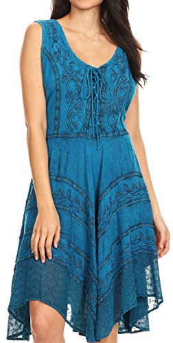 Image of Sakkas Sundara Stonewashed Rayon Embroidered Mid Length Dress