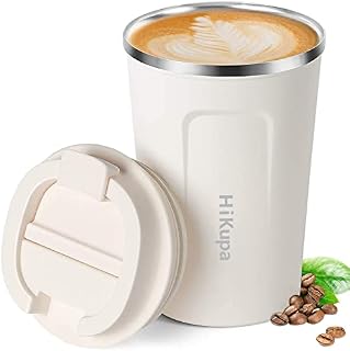 HiKupa® 13 oz Insulated Travel Mug with Lid, BPA Free, Leak Proof, Double Walled Stainless Steel Vacuum Reusable Coffee Cup for Hot and Cold Drinks (380ml, White)