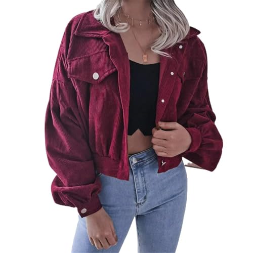 Manteau Femme Côtelé Rouge08 et Veste en Jean Coupe Mode Casual