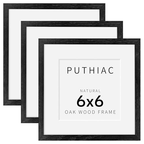 puthiac 6x6 Solid Oak Wood Picture Frames, Black, 3 Pack