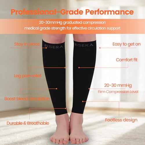 Image of BSERA Calf Compression Sleeve Women, 2 Pairs 20-30mmHg Footless Compression Socks for Swelling Shin Splints Varicose Veins