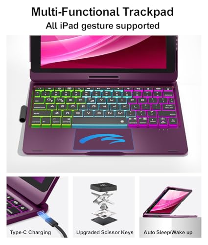 Image of Baisla iPad 9th Generation Case with Keyboard 10.2 inch (2021), 360 Rotatable with Trackpad & Rainbow Backlit, iPad Keyboard case for 9th /8th /7th, iPad Air 3, iPad Pro 10.5 (Raspberry)