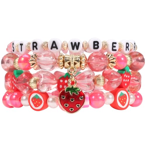 Strawberry Bead Bracelets for Women Pearl Heishi Bracelet Colorful Stackable Stretchy Boho Pearl Bracelets Jewelry