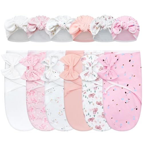 Image of Ramede 6 Pack Swaddle Blanket with Hats for Baby Girl Boy 100% Cotton Swaddles 0-3 Months, Adjustable Breathable Skin Friendly Receiving Blanket Wrap, Essential for Newborns